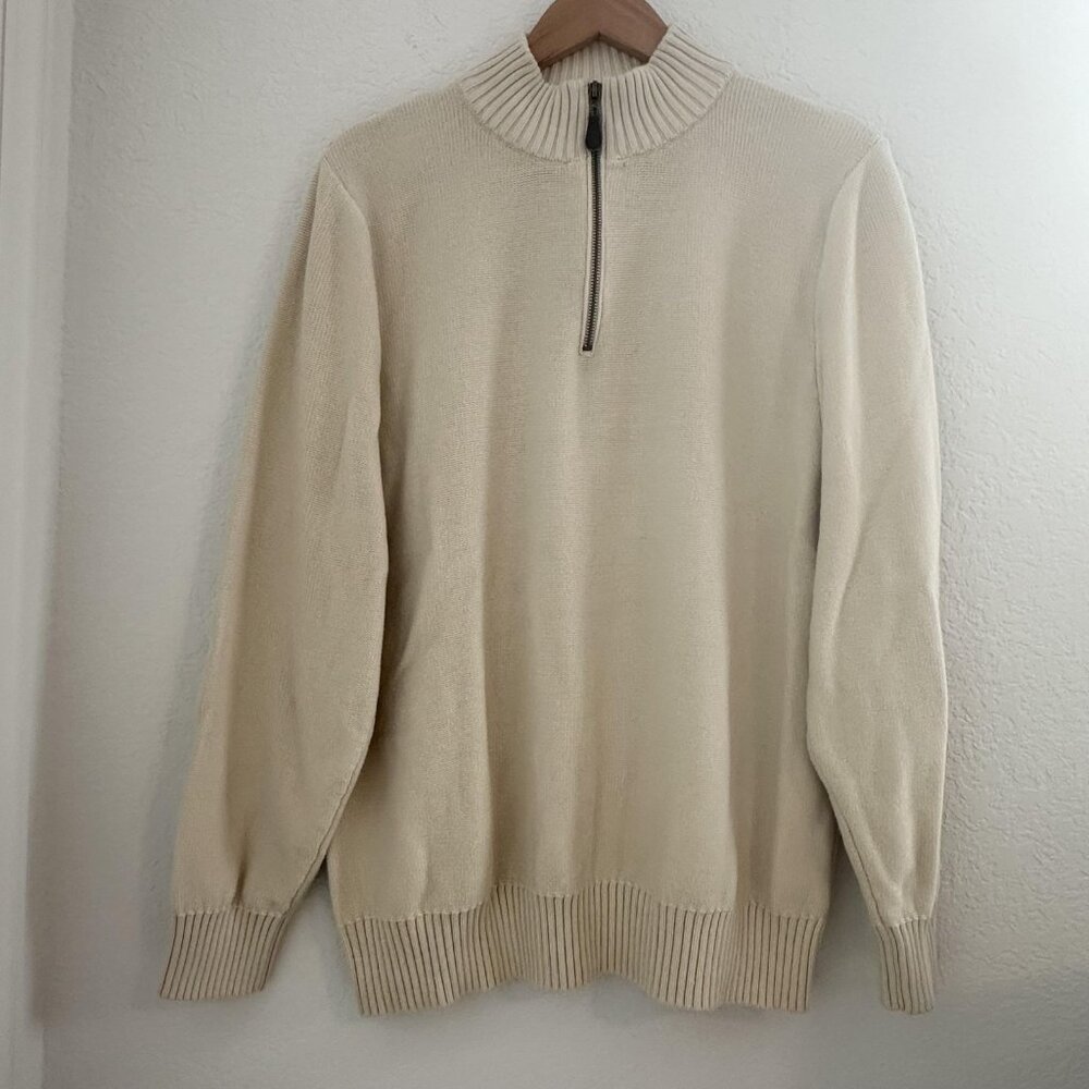 T Dalton Knit Sweater Mens L Cream 1/4 Zip Pullover Ribbed Collar Preppy Tennis
